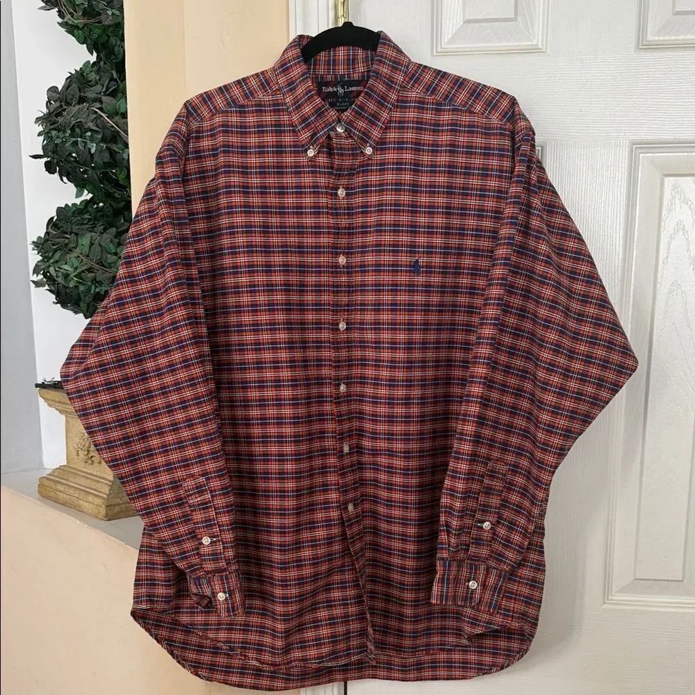 Polo Ralph Lauren Orange and Blue Plaid Oxford Shirt Men’s XL